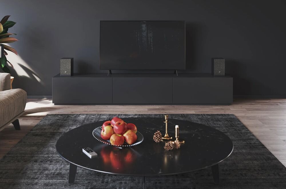 AUDIO PRO A28 W kolumny stereo 75W RMS szeroka scena dźwiękowa kino domowe, kolumny głośnikowe stojące na komodzie w pomieszczeniu