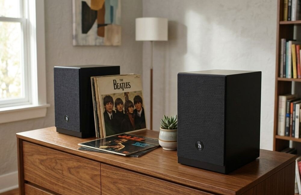 AUDIO PRO A28 W Wi-Fi wireless generacja W bezprzewodowe kolumny audio, kolumny głośnikowe stojące na komodzie w pomieszczeniu