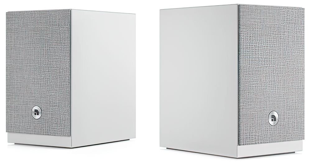 AUDIO PRO A28 W przewodowe podłączenie kompatybilność z telewizorem i sprzętem audio, kolumny głośnikowe po skosie na białym tle