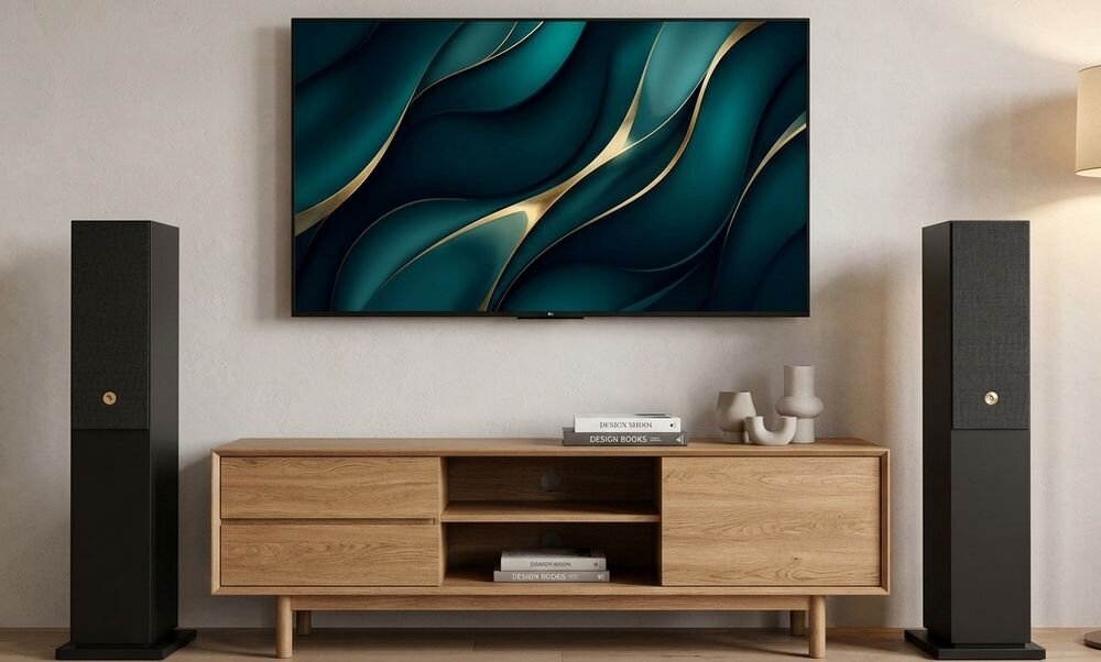 Audio Pro A48 W zestaw głośników stereo z dynamicznym brzmieniem i precyzyjnymi detalami, kolumny stojące po obu stronach komody w pomieszczeniu