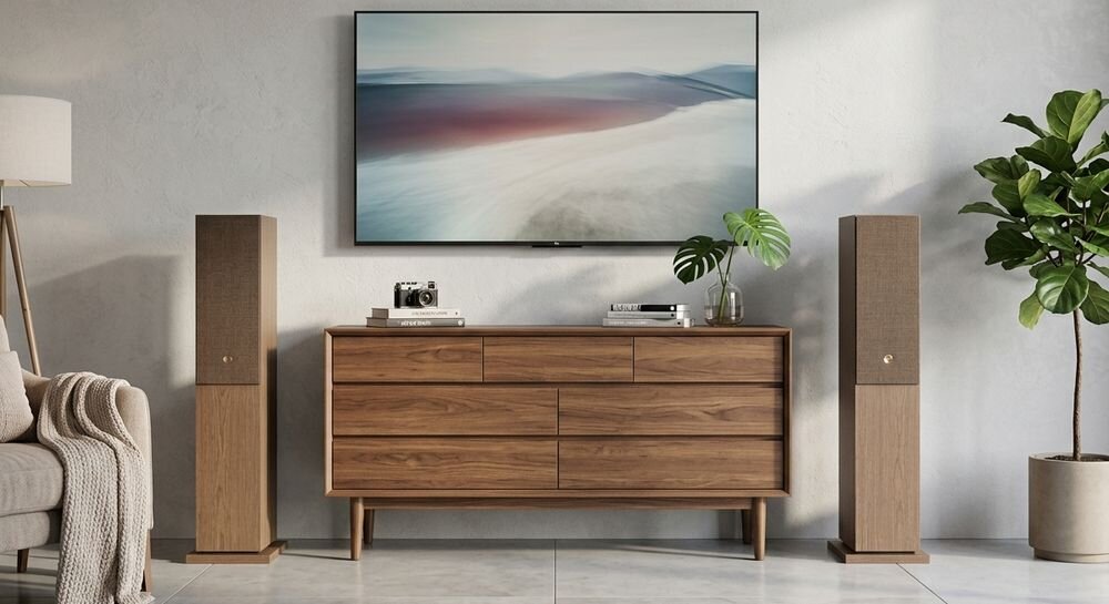 Audio Pro A48 W lewa i prawa kolumna połączone kablem Speakon 4m stabilny sygnał, kolumny stojące po obu stronach komody w pomieszczeniu