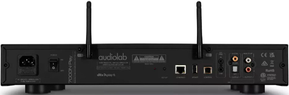 Odtwarzacz sieciowy AUDIOLAB 7000N Play DAC ESS Sabre ES9038Q2M pasmo przenoszenia THD S/N, urządzenie od tyłu na białym tle