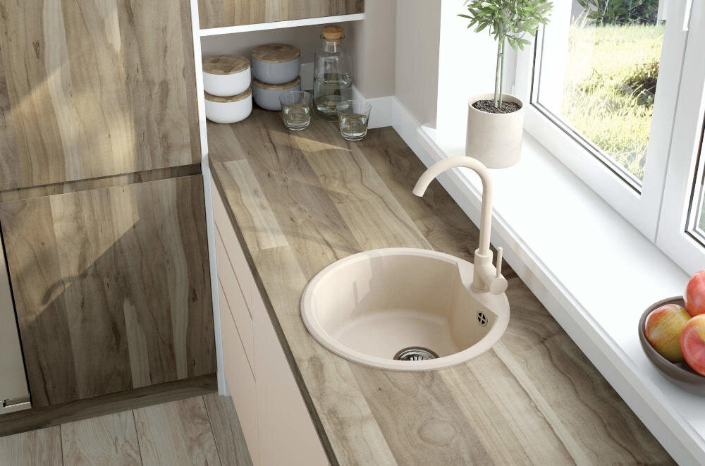 DEANTE Nemezja BEN 562M wykończenie beżowe nakrapiane granit minimalistyczny design elegancki kształt nowoczesna kuchnia tradycyjna aerator strumień