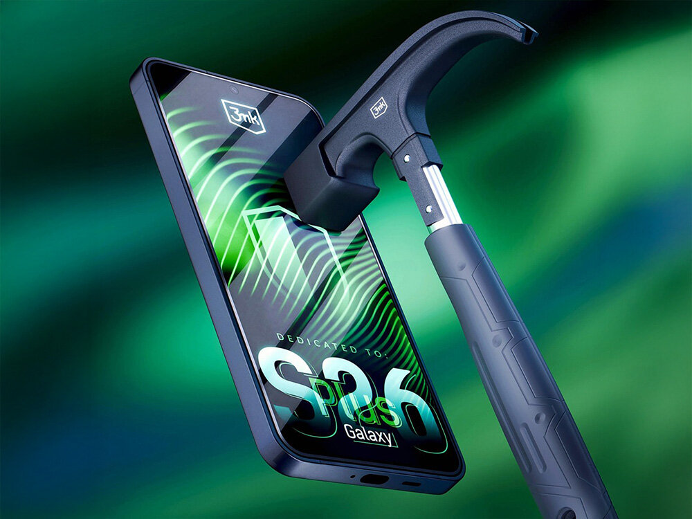 3MK Hardy Ultra Glass hartowane szkło warstwą bazaltową HARDY® Ultra Glass™ - młotek przy ekranie smartfona