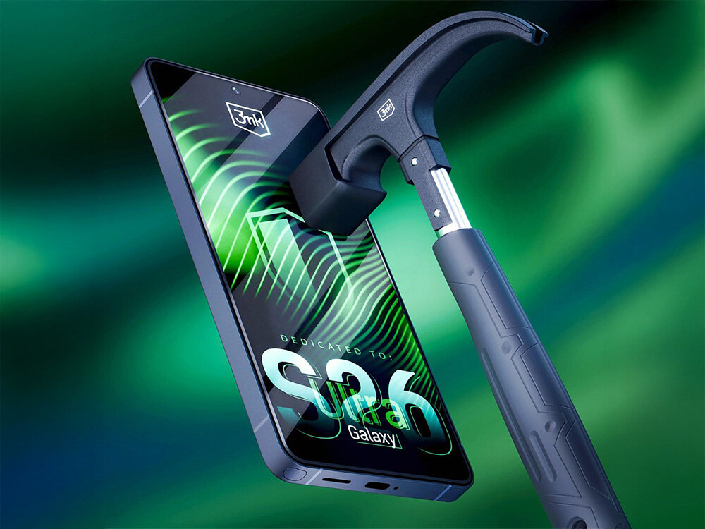 3MK Hardy Ultra Glass hartowane szkło warstwą bazaltową HARDY® Ultra Glass™ - młotek przy ekranie smartfona