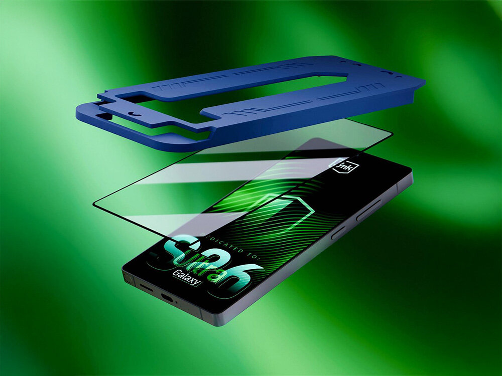 3MK Hardy Ultra Glass dedykowanemu aplikatorowi prosty i szybki Precyzyjne dopasowanie HARDY® Ultra Glass - aplikator i szkło lewitujące nad smartfonem