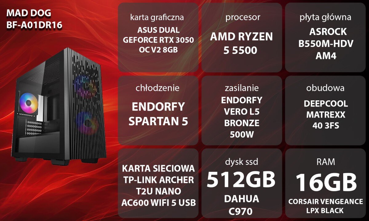 Komputer MAD DOG BF-A01DR16 Grafika przedstawiająca specyfikację komputera, z podziałem na podzespoły. W lewej części znajduje się model komputera, a obok niego informacje o podzespołach, opis