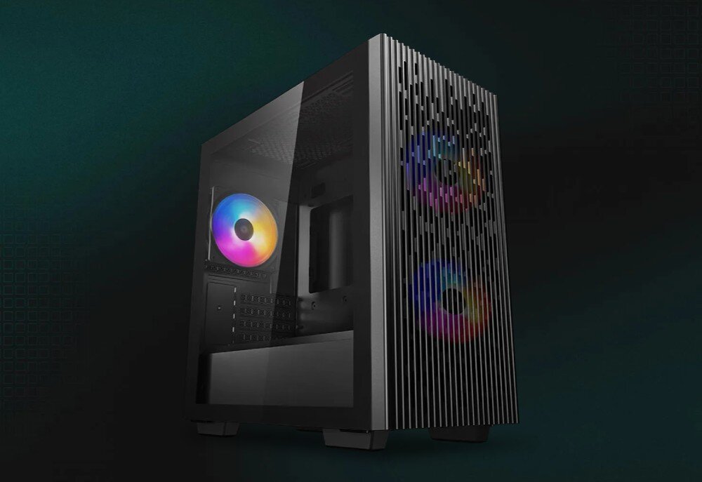 Komputer MAD DOG BF-A01DR16 obudowa kompaktowa z metalowym frontem i podświetlanymi wentylatorami widocznymi przez panel boczny, obudowa, wygląd, wentylacja, porty