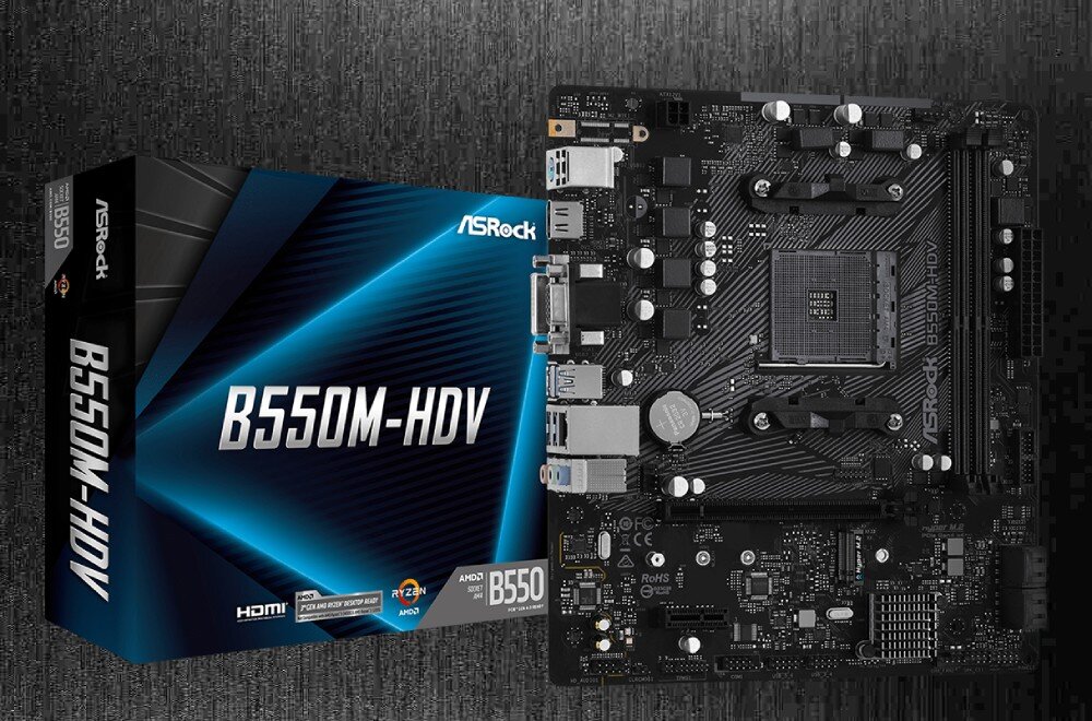 Komputer MAD DOG BF-A01DR16 Pudełko z napisem 'B550M-HDV' stoi po lewej stronie, a obok po prawej leży czarna płyta główna w formacie micro ATX z gniazdem procesora, slotami pamięci i złączami na krawędzi, płyta główna, kompatybilność, układ zasilania