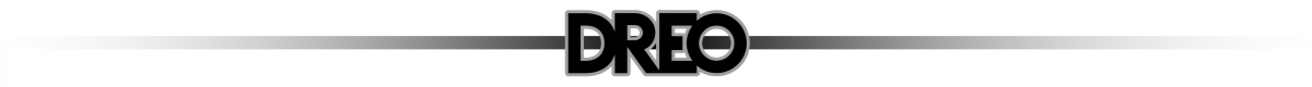 Logo z napisem \'DREO\' na tle z gradientem od czerni do bieli.