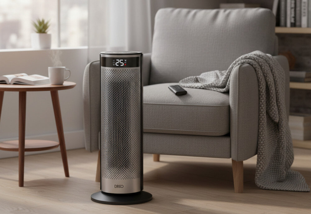 Na obrazie widoczny jest nowoczesny grzejnik elektryczny z wyświetlaczem pokazującym temperaturę 25°C, stojący obok szarej sofy z kocem i pilotem. W tle znajduje się stolik z filiżanką i rośliną oraz półka z książkami.