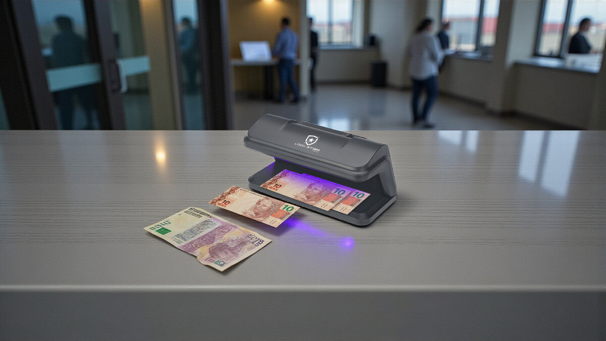 Detektor fałszywych banknotów i dokumentów UV Extralink EXTRALINK N-115 USB-C Czarny, strażnik, banknotów, bezpieczeństwo, profesjonalizm, EXTRALINK na jasnym biurku w biurze, z banknotami różnych walut pod lampą UV – w tle rozmyte sylwetki osób, widoczne naturalne zastosowanie w pracy.