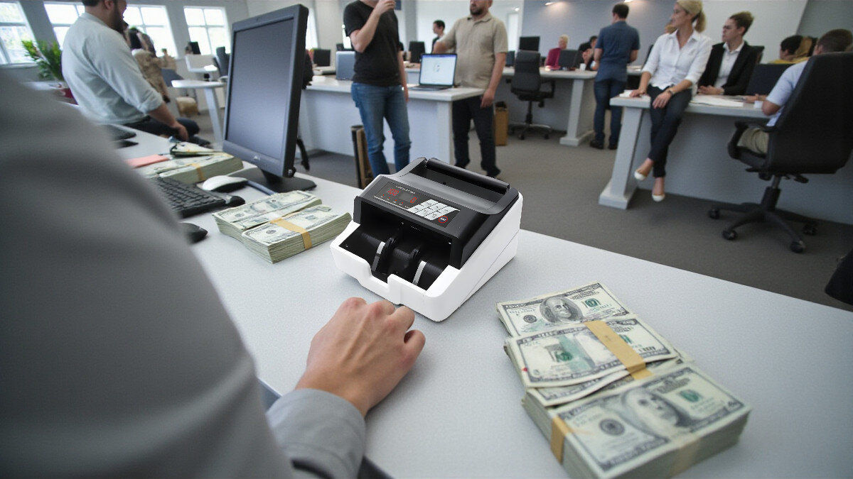 Liczarka nominałowa do banknotów EXTRALINK Lockstar UV MG X-300, szybkość, pewność, wydajność, bezpieczeństwo, Liczarka do banknotów Lockstar wykorzystywana w biurze, stosy dolarów na biurkach, pracownicy w tle.
