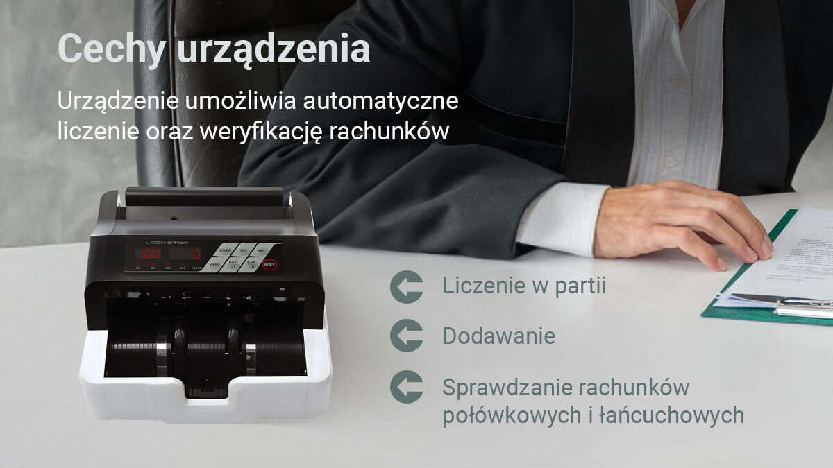 Liczarka nominałowa do banknotów EXTRALINK Lockstar UV MG X-300, funkcje, partie, sprawdzanie, łańcuchowe, Widok liczarki Lockstar na biurku, użytkownik przy pracy, funkcje automatycznego liczenia i weryfikacji.