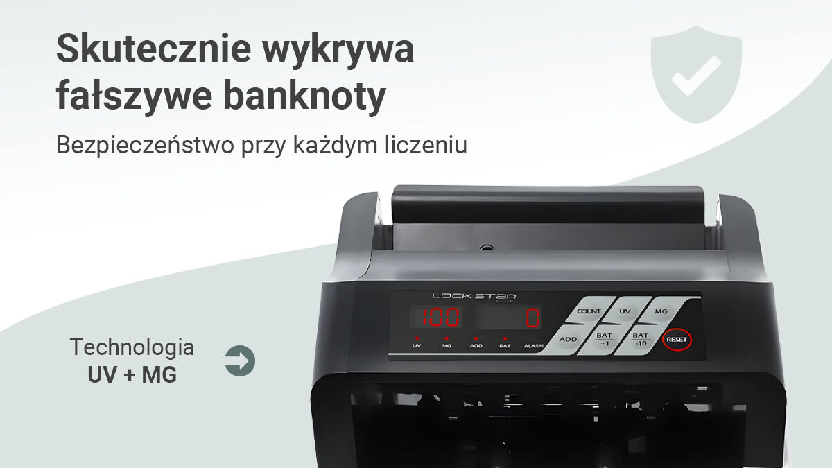 Liczarka nominałowa do banknotów EXTRALINK Lockstar UV MG X-300, detekcja, UV, MG, bezpieczeństwo, Technologia UV+MG liczarki wykrywa fałszywe banknoty, zapewnia bezpieczeństwo każdej transakcji.