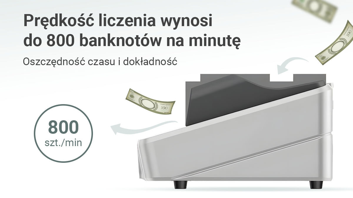 Liczarka nominałowa do banknotów EXTRALINK Lockstar UV MG X-300, wydajność, prędkość, zakres, stabilność, Prędkość liczarki do 800 banknotów na minutę – wydajność i oszczędność czasu, widok z boku.
