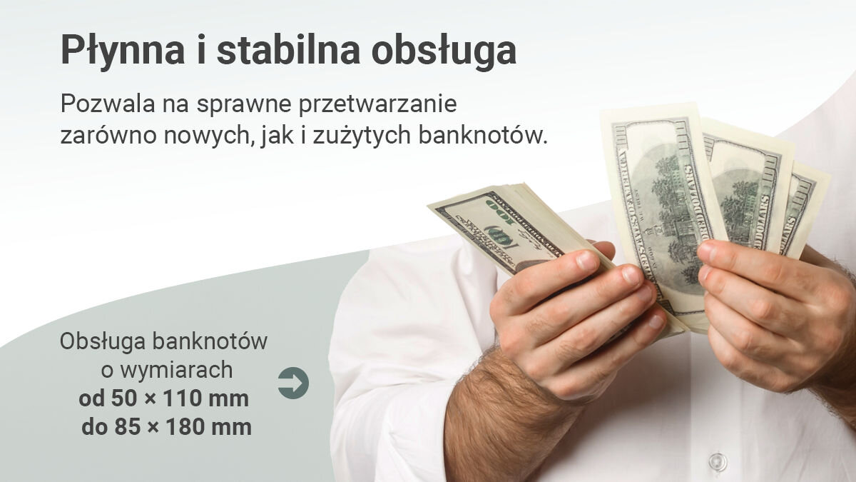 Liczarka nominałowa do banknotów EXTRALINK Lockstar UV MG X-300, trwałość, wymiary, uchwyt, ergonomia, Płynna, stabilna obsługa różnych rozmiarów banknotów, zdjęcie z dłońmi trzymającymi dolary.