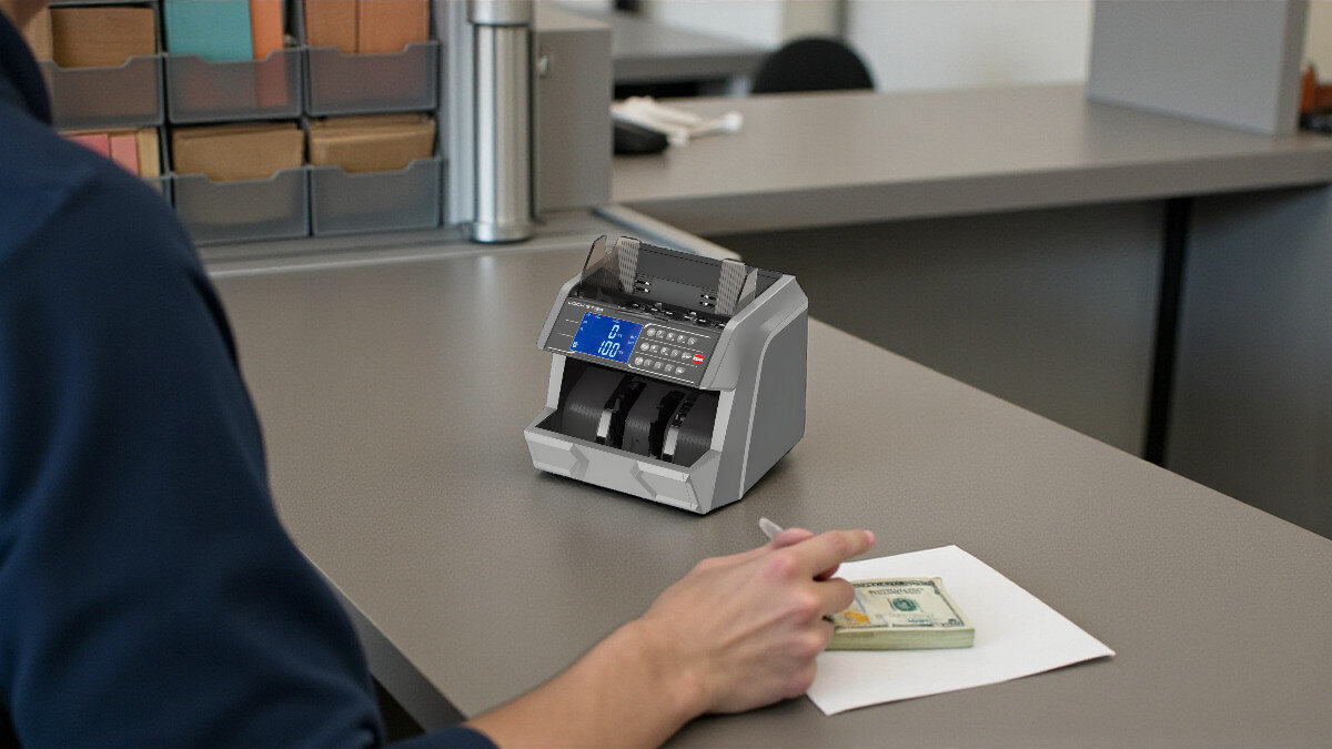 Liczarka nominałowa do banknotów EXTRALINK UV MG IR DD X-600, precyzja, szybkie, liczenie, spokój, Liczarka EXTRALINK w użyciu na bankowym stanowisku, pracownik liczy plik dolarów przy biurku.