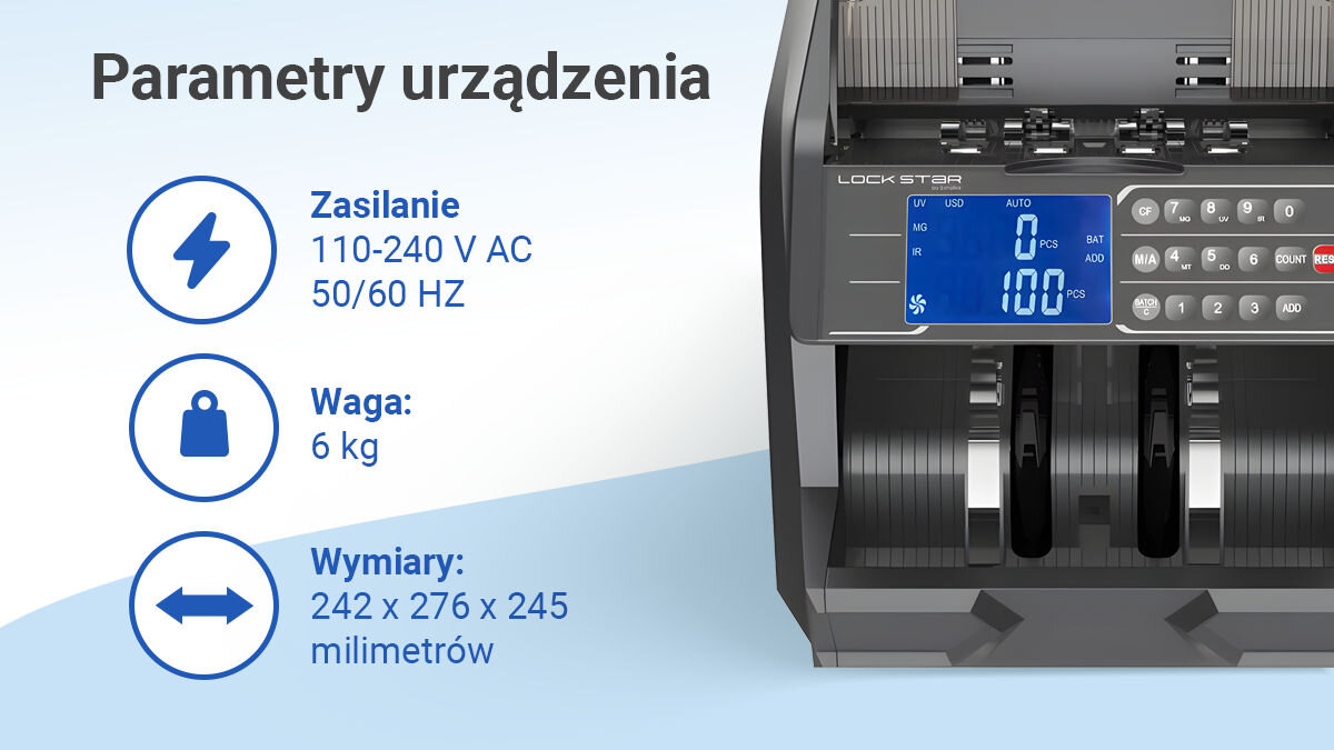 Liczarka nominałowa do banknotów EXTRALINK UV MG IR DD X-600, ergonomia, solidność, bezpieczeństwo, wydajność, Parametry liczarki EXTRALINK: zasilanie 110–240 V AC, waga 6 kg, czytelny wyświetlacz LCD, wymiary.