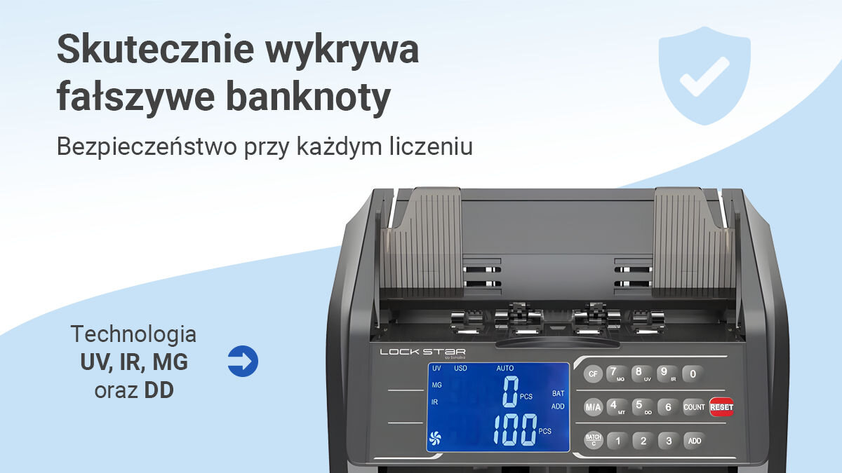 Liczarka nominałowa do banknotów EXTRALINK UV MG IR DD X-600, wykrywanie, ochrona, UV, fałszywki, Wyświetlacz LCD liczarki EXTRALINK z informacją o detekcji fałszywych banknotów UV, IR, MG, DD.