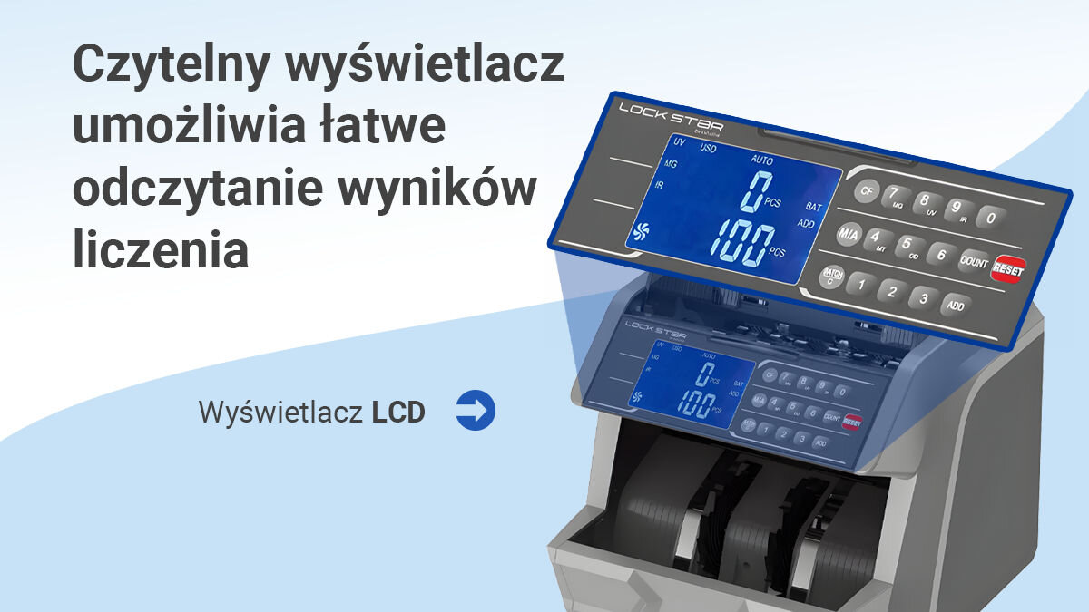 Liczarka nominałowa do banknotów EXTRALINK UV MG IR DD X-600, wyświetlacz, LCD, czytelność, panel, Wyraźny wyświetlacz LCD liczarki EXTRALINK, umożliwiający szybki odczyt wyników liczenia banknotów.