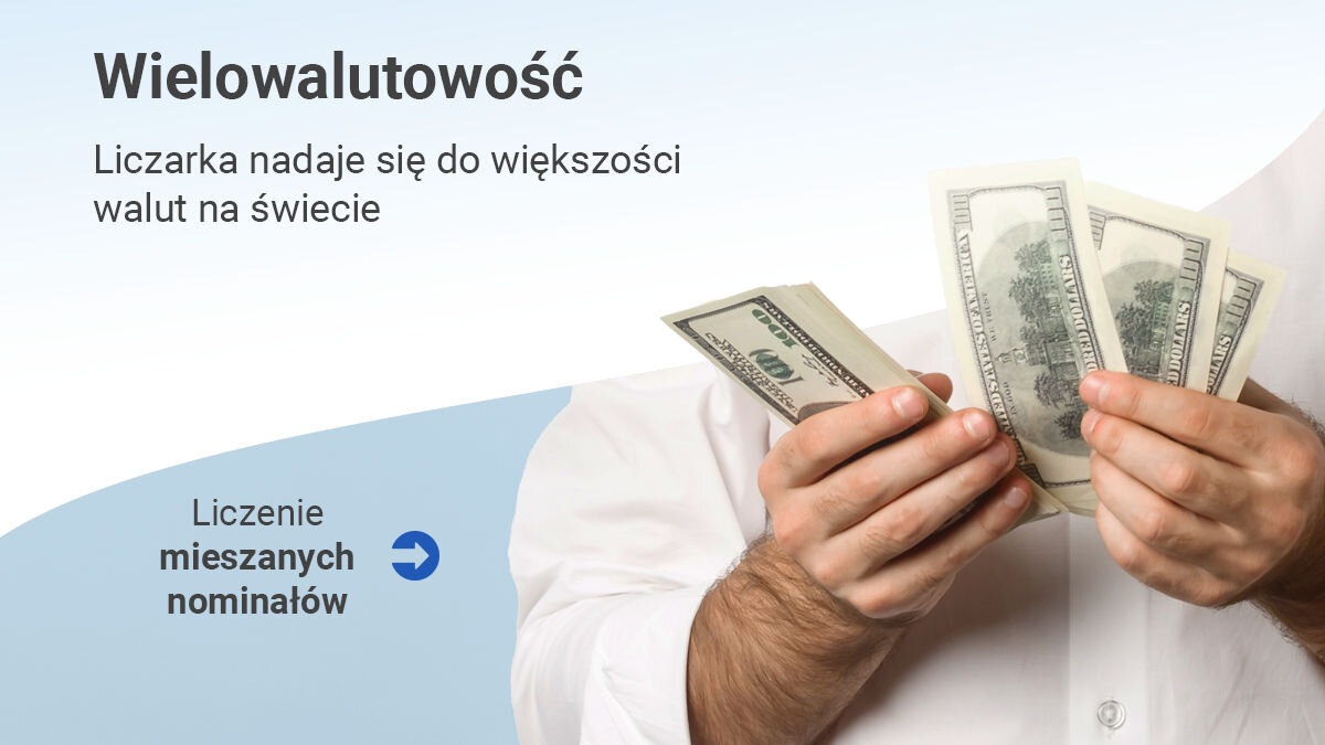 Liczarka nominałowa do banknotów EXTRALINK UV MG IR DD X-600, kalkulacja, wartość, nominały, wygoda, Mężczyzna trzyma plik dolarów oraz pojedyncze banknoty – pokaz możliwości wielowalutowych liczarki.