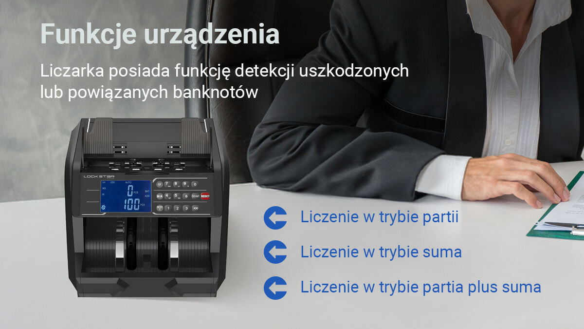 Liczarka nominałowa do banknotów EXTRALINK UV MG IR DD X-600, praca, szybkość, stabilność, solidność, Wyraźny wyświetlacz LCD liczarki EXTRALINK, umożliwiający szybki odczyt wyników liczenia banknotów.