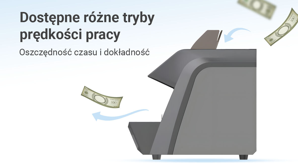 Liczarka nominałowa do banknotów EXTRALINK UV MG IR DD X-600, autodiagnostyka, automatyka, komfort, gotowość, Liczarka EXTRALINK prezentowana z lewej strony – grafika pokazująca różne tryby prędkości liczenia.