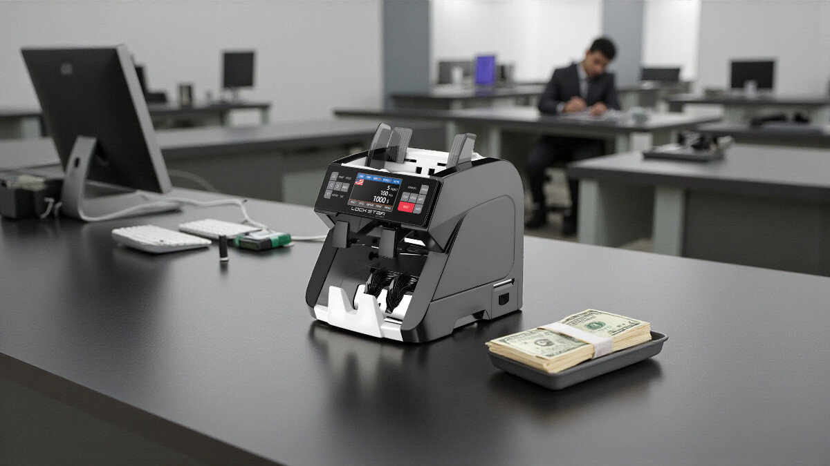 Liczarka nominałowa do banknotów EXTRALINK Lockstar UV MG IR DD MT CIS X-1000, szybkie, liczenie, pewność, wyniku, Liczarka Lockstar X-1000 na biurku w dużym biurze, obok tacka z plikiem banknotów.