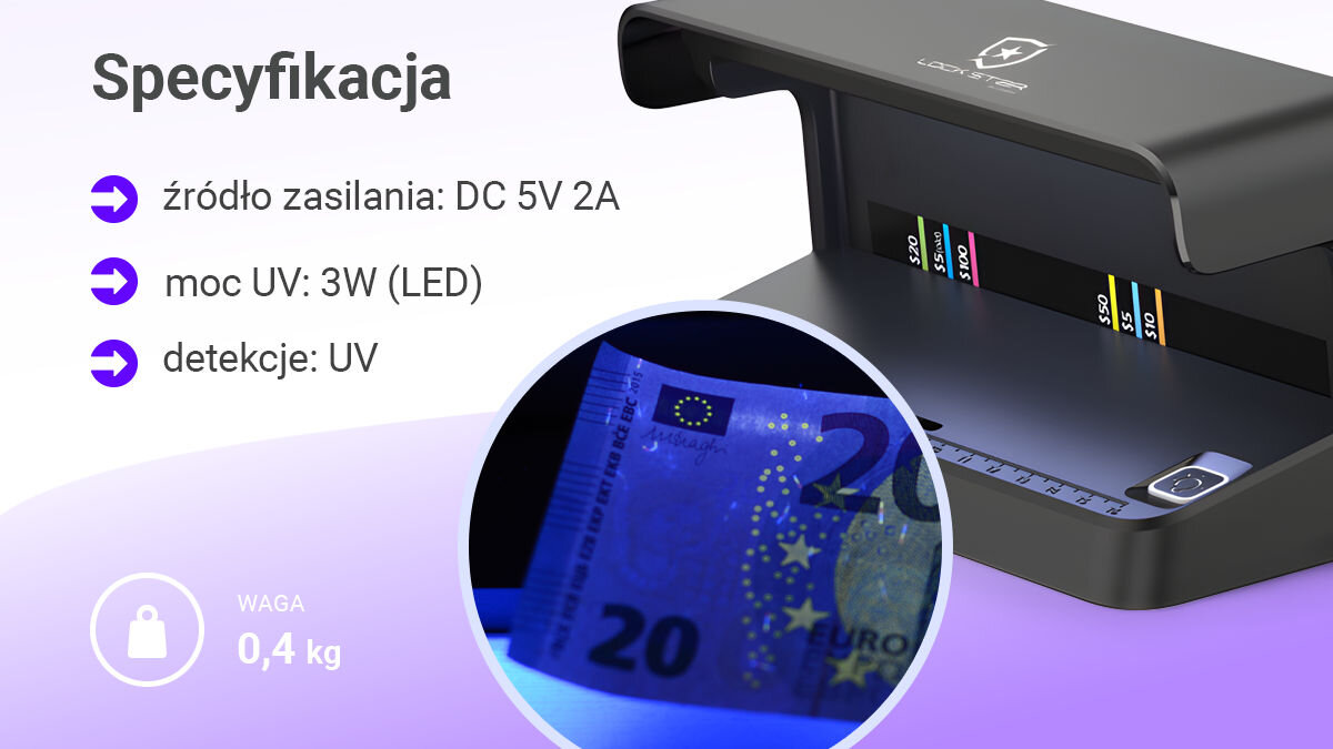 Detektor fałszywych banknotów i dokumentów UV Extralink Lockstar N-116 USB-C Czarny, diody UV, szybka, precyzyjna, dokumenty, Banknoty oraz detektor Lockstar, podświetlone światłem UV, ikony zalet urządzenia poniżej.