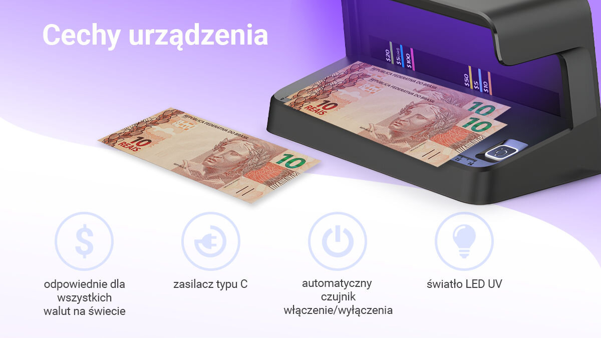 Detektor fałszywych banknotów i dokumentów UV Extralink Lockstar N-116 USB-C Czarny, lampy LED, brak martwych pól, Banknot 20 euro pod UV w detektorze Lockstar, specyfikacja techniczna: moc 3W LED, zasilanie DC 5V 2A.