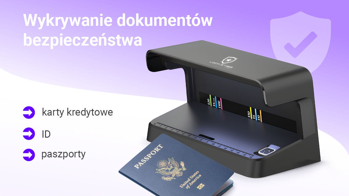 Detektor fałszywych banknotów i dokumentów UV Extralink Lockstar N-116 USB-C Czarny, banki, kantory, sklepy, instytucje, Detektor Lockstar, paszport USA, lista obsługiwanych dokumentów: karty kredytowe, ID, paszporty.