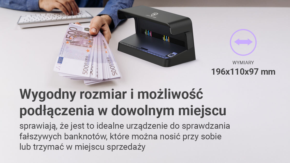 Detektor fałszywych banknotów i dokumentów UV Extralink Lockstar N-116 USB-C Czarny, prosta, szybka, komfort, wygodna, Detektor Lockstar i osoba licząca banknoty euro, podkreślone funkcje mobilności i kompaktowego rozmiaru.