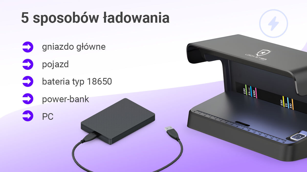 Detektor fałszywych banknotów i dokumentów UV Extralink Lockstar N-116 USB-C Czarny, mobilność, szybkie ładowanie, uniwersalne, wygoda, Detektor Lockstar z podłączonym dyskiem, lista pięciu sposobów ładowania: gniazdo, pojazd, bateria, powerbank, PC.