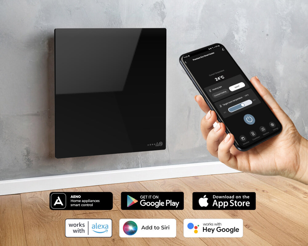 GRZEJNIK ELEKTRYCZNY AENO PREMIUM ECO SMART QUADRO 500W AGH0012S APP CZARNY Panel grzewczy obsługiwany za pomocą aplikacji mobilnej wyświetlonej na smartfonie aplikacja zdalne sterowanie głosowe harmonogram planowanie pełna smart kontrola