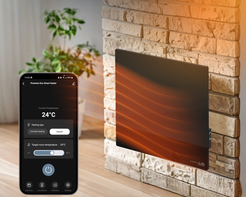 GRZEJNIK ELEKTRYCZNY AENO PREMIUM ECO SMART QUADRO 500W AGH0012S APP CZARNY Panel grzewczy zamontowany na ścianie z kamienia oraz smartfon z aplikacją do sterowania temperaturą precyzyjna regulacja temperatura bez wahań delikatne mocniejsze ciepło przyjemny klimat