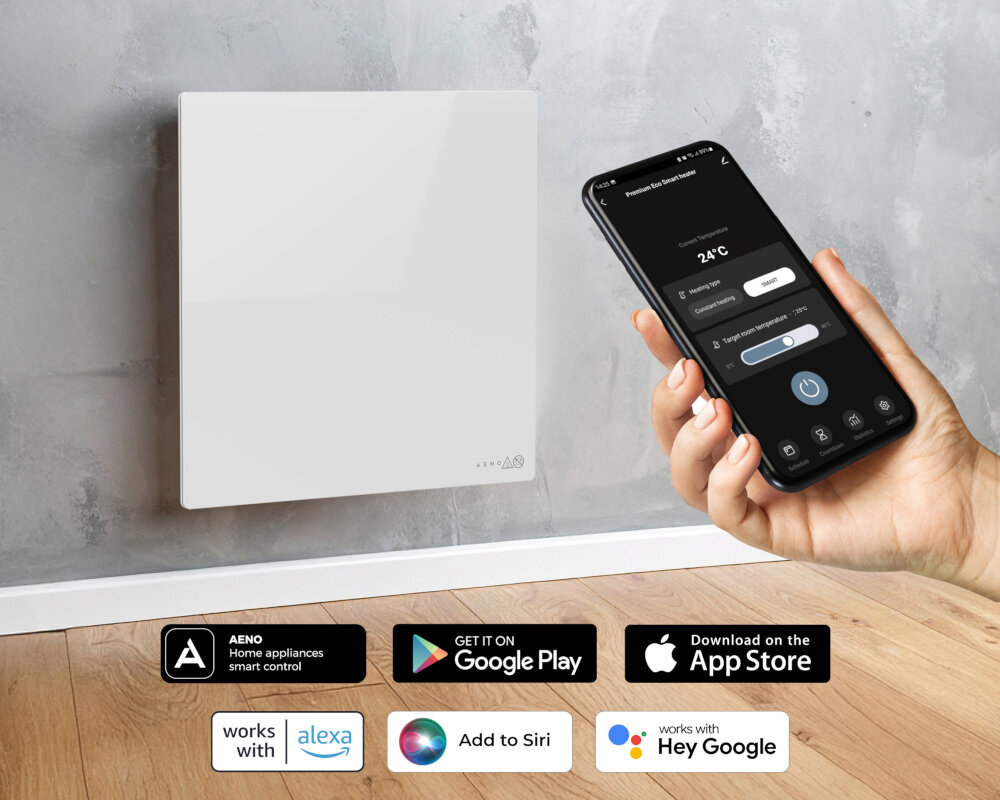 GRZEJNIK ELEKTRYCZNY AENO PREMIUM ECO SMART QUADRO 500W AGH0011S APP BIAŁY Panel grzewczy obsługiwany za pomocą aplikacji mobilnej wyświetlonej na smartfonie aplikacja zdalne sterowanie głosowe harmonogram planowanie pełna smart kontrola