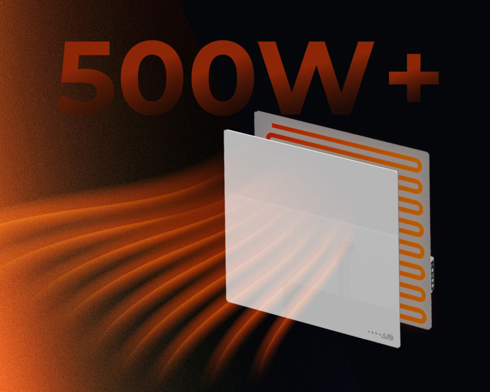 GRZEJNIK ELEKTRYCZNY AENO PREMIUM ECO SMART QUADRO 500W AGH0011S APP BIAŁY Panel grzewczy z zaznaczonym elementem grzejnym i oznaczeniem mocy 500 W, pokazujący kontrolę kosztów energii ogrzewanie strefowe wybrany fragment pomieszczenia ciepło kierunkowe większa efektywność oszczędność