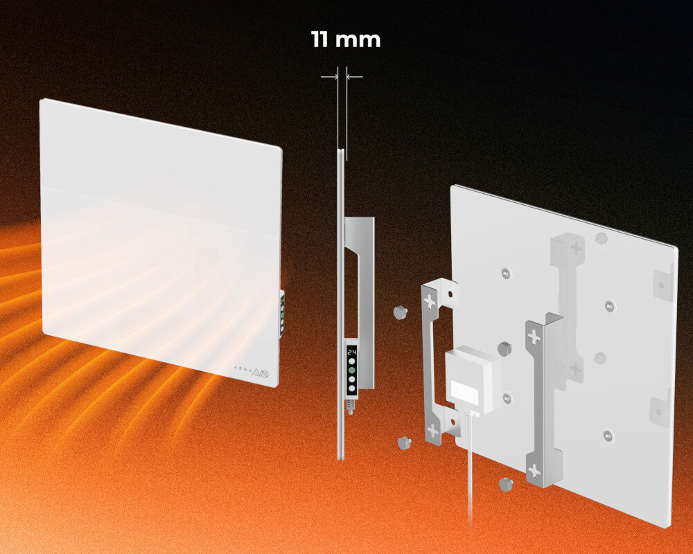 GRZEJNIK ELEKTRYCZNY AENO PREMIUM ECO SMART QUADRO 500W AGH0011S APP BIAŁY Elementy konstrukcyjne panelu grzewczego przedstawione w przekroju wraz z oznaczoną grubością 11 mm smukła konstrukcja ultracienki panel szklany szkło hartowane solidne wsporniki z aluminium wygląd styl estetyka