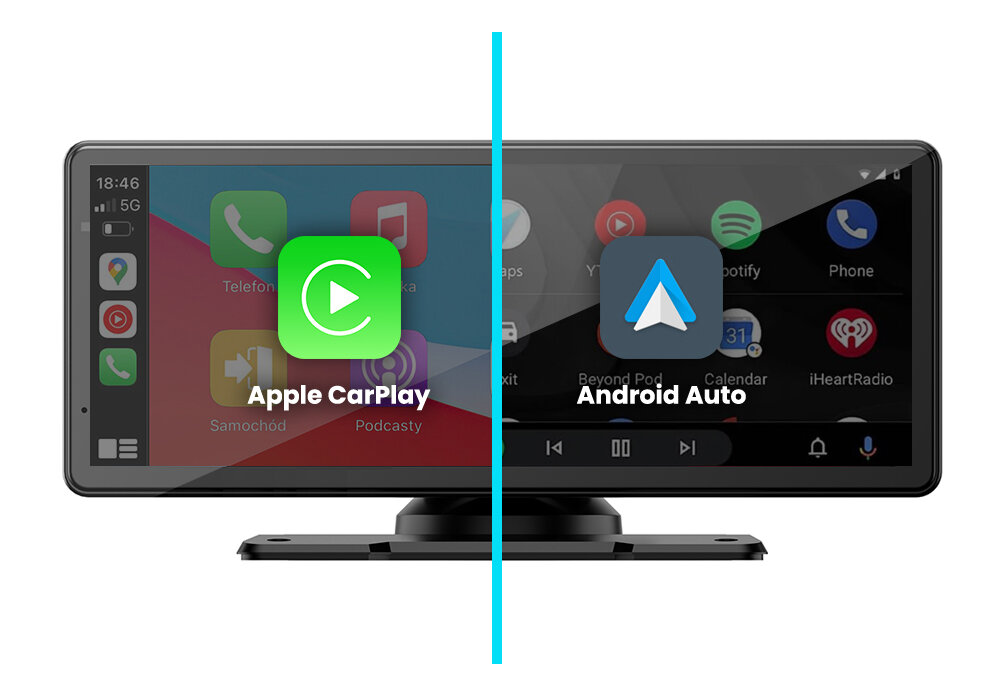 Obraz przedstawia samochodowy tablet multimedialny z dwoma ekranami: po lewej stronie z interfejsem Apple CarPlay, a po prawej z Android Auto. Na ekranach widoczne są ikony aplikacji oraz godzina i poziom sygnału sieci 5G.