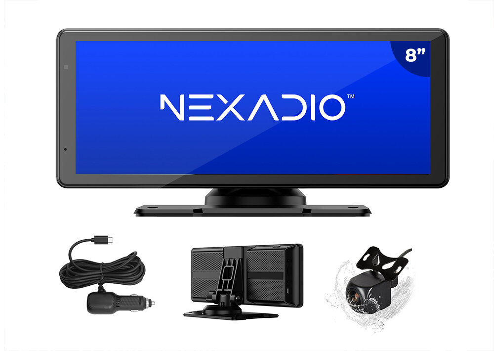 Na obrazie widoczny jest samochodowy tablet multimedialny z logo \'NEXADIO\' na ekranie, obok którego znajdują się akcesoria: kabel zasilający, uchwyt montażowy oraz kamera. Ekran ma oznaczenie \'8\