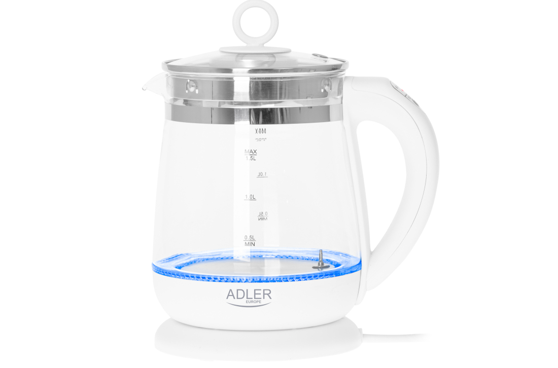 Czajnik ADLER AD 1299 zasilanie przewód długość kolor kolorystyka biały moc wymiary standardowy typ wtyczki kompatybilność 