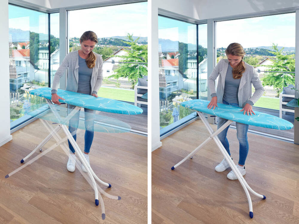 Deska do prasowania LEIFHEIT AirBoard Compact S Stabilna podczas pracy solidny stelaż antypoślizgowe nakładki regulacja wysokość zakres doprasowanie