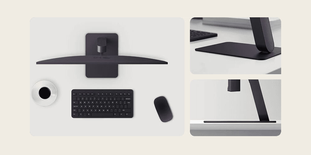 Monitor LG UltraGear 27G411A-B 27 cali 1920x1080px IPS 144Hz 5 ms [GTG]  prezentacja monitora na biurku od góry zbliżenia na podstawę beżowe tło trójstronnie bezramkowa konstrukcja regulacja pochylenia, ergonomia, komfort pracy