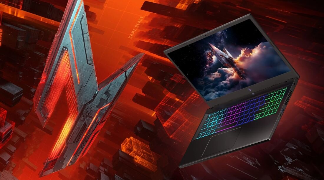 Laptop Acer Nitro prezentuje podświetlaną klawiaturę i gamingową obudowę na futurystycznym tle podczas rozgrywki i pracy kreatywnej 