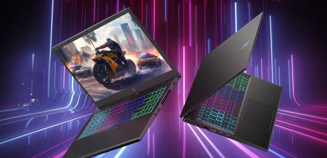 Laptop Acer Nitro z portem HDMI wyświetla dynamiczną scenę gry na futurystycznym stanowisku gamingowym 