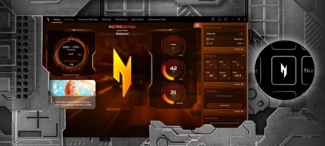 Laptop Acer Nitro z portem HDMI wyświetla dynamiczną scenę gry na futurystycznym stanowisku gamingowym 