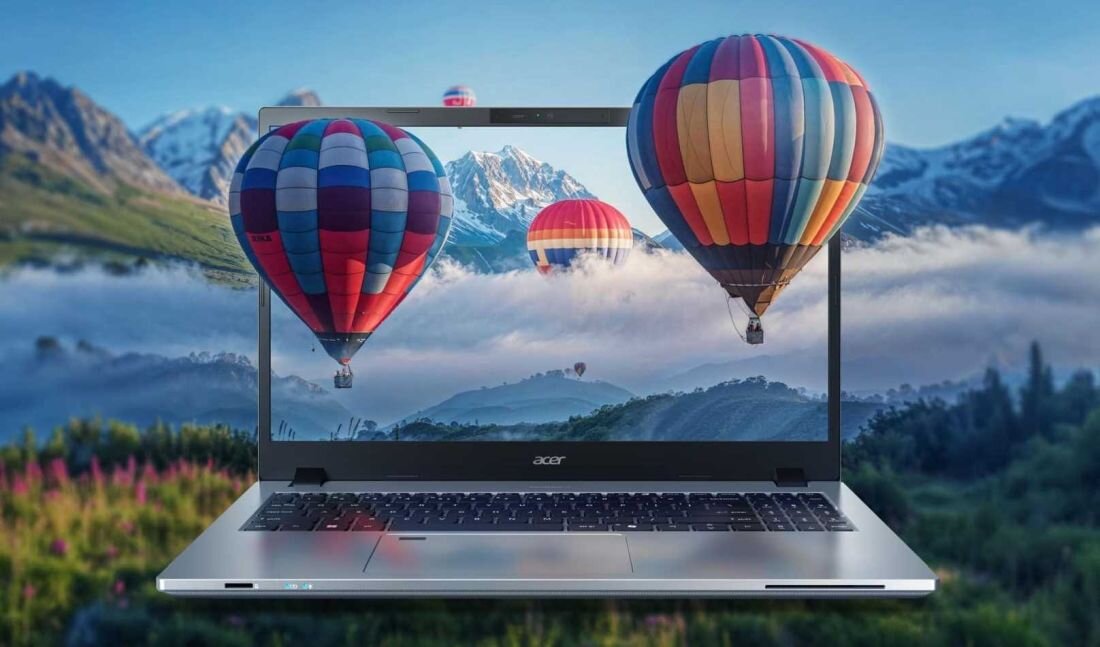 Laptop z widocznym logo \'acer\' na dolnej ramce ekranu, na którym wyświetlany jest obraz z kolorowymi balonami na tle górskiego krajobrazu.