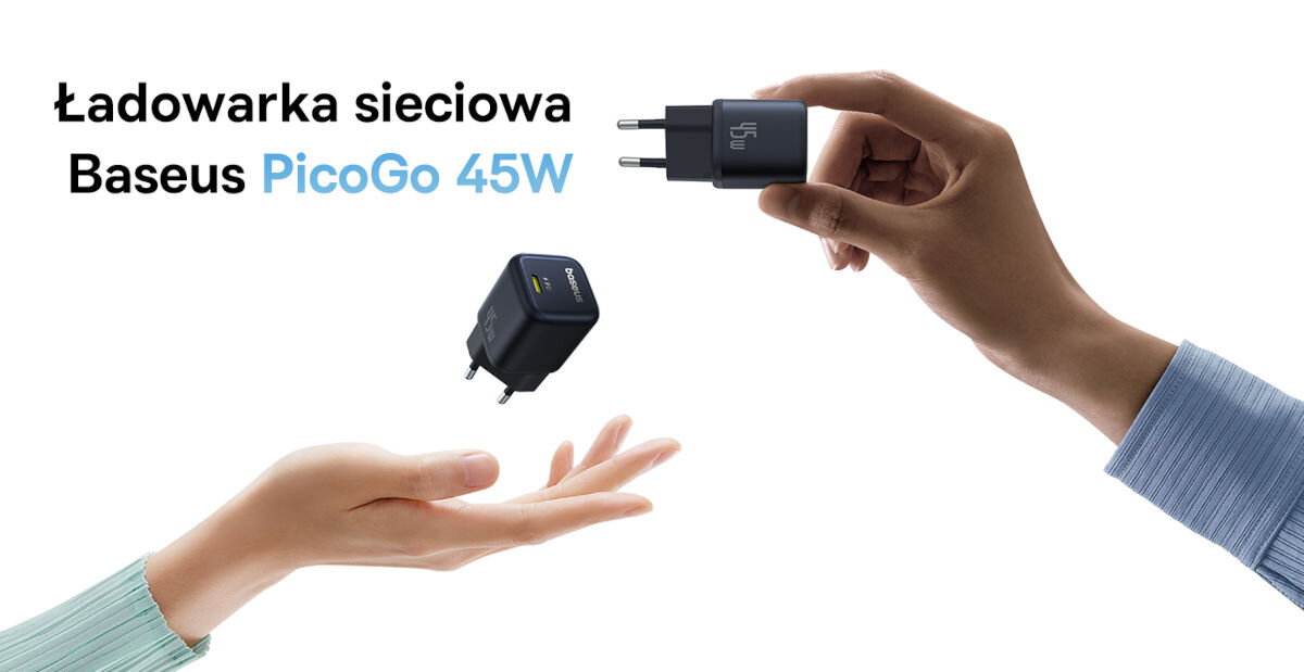 Ładowarka sieciowa BASEUS PicoGo Gan Fast Charger 45W Czarny, ładowanie, zasilanie, wtyczka, kontakt, na białym tle napis ładowarka sieciowa baseus wraz z dłońmi trzymające ładowarki