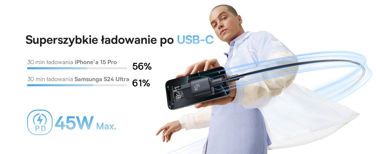 Ładowarka sieciowa BASEUS PicoGo Gan Fast Charger 45W Czarny, apple, standard, kieszeń, mała, lekka, stylowa, na białym tle osoba trzyma ładowarkę z smartfonem, obok napisy ładowania 45W, i statystyki szybkości ładowania iphone'a i samsunga